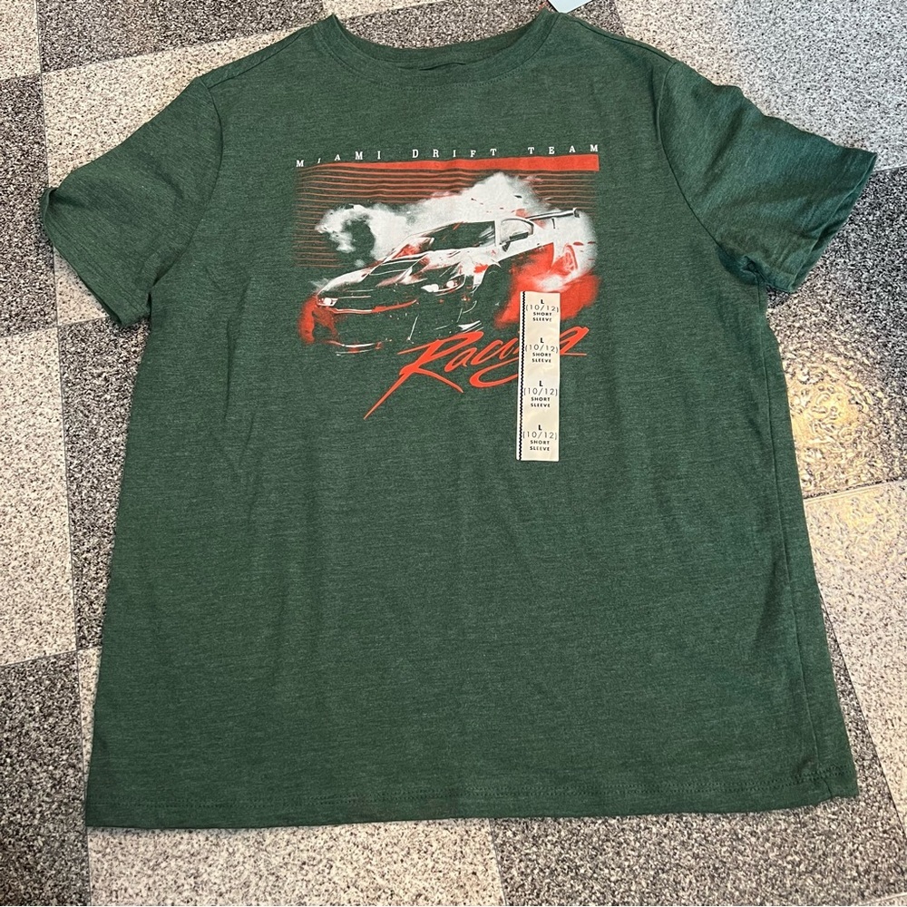 NWT Cat & Jack Boys " Miami Drift Team" Short Sleeve T- Shirt, Dark Green L